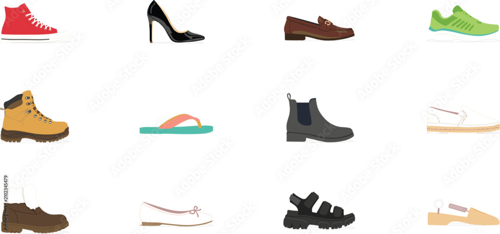 Fototapeta premium Footwear Fashion and Casual Shoes Icon Set with Sneakers High Heels Boots Loafers Sandals and Trainers Symbols for Clothing Retail E-commerce Website