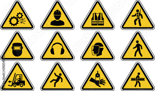 Tableau sur toile Industrial safety and hazard warning signs collection featuring yellow triangle