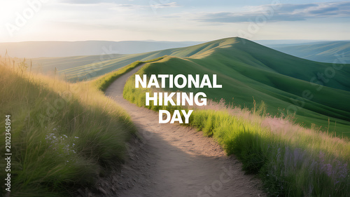 A scenic hiking trail winds through rolling green hills under a clear sky, celebrating National Hiking Day.