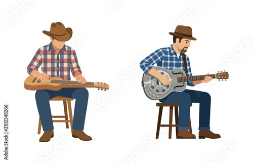 Slika na platnu Vector Illustrations of Two Country Musicians Playing Acoustic Resonator and Lap
