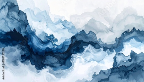 Abstract Blue and White Ink Wash Painting with Flowing Textures.