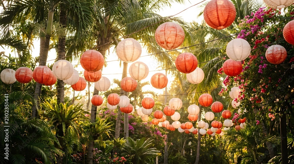 Obraz premium Colorful Paper Lanterns Hanging Over Lush Tropical Garden