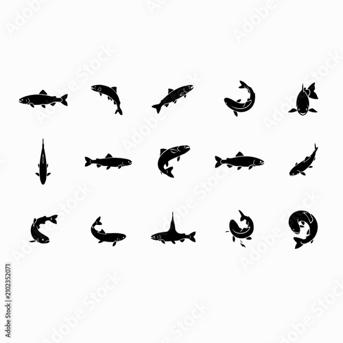 Fototapeta kuchenna Trout and salmon fish silhouettes vector set jumping and swimming isolated on white background
