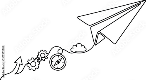 Minimalist continuous one line sketch depicting a paper plane soaring upwards, symbolizing business growth, creative innovation, startup success, and strategic leadership vision.