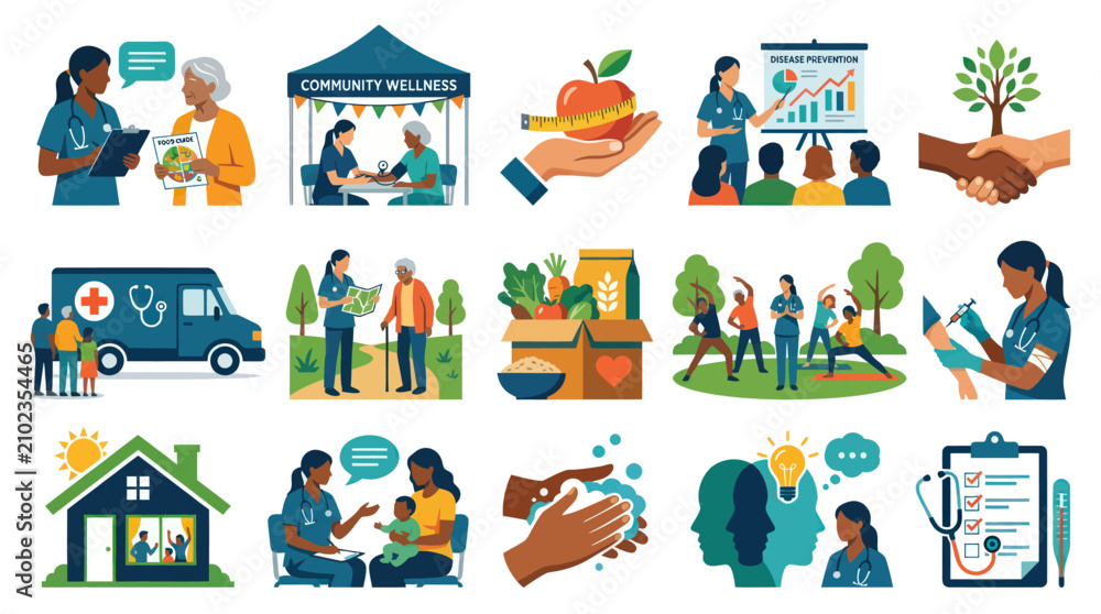 Naklejka premium Flat Vector Illustrations of Community Health and Wellness Concepts: Medical Care, Disease Prevention, Healthy Lifestyle