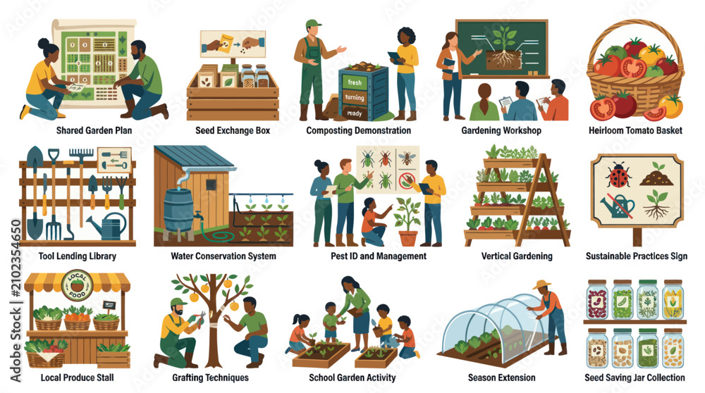 Naklejka premium Flat Vector Icons Illustrating Diverse Gardening Activities and Practices