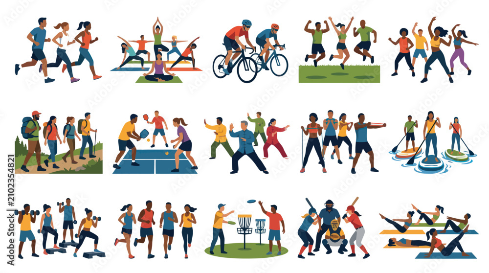 Fototapeta premium Fitness and Sports Activities Flat Vector Illustration Collection with People Exercising and Leading a Healthy Lifestyle