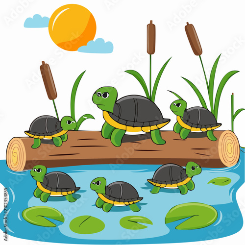 Group of turtles in sunny pond habitat illustration.