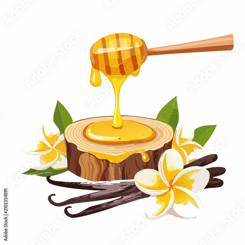 Honey poured on stump with vanilla flowers.