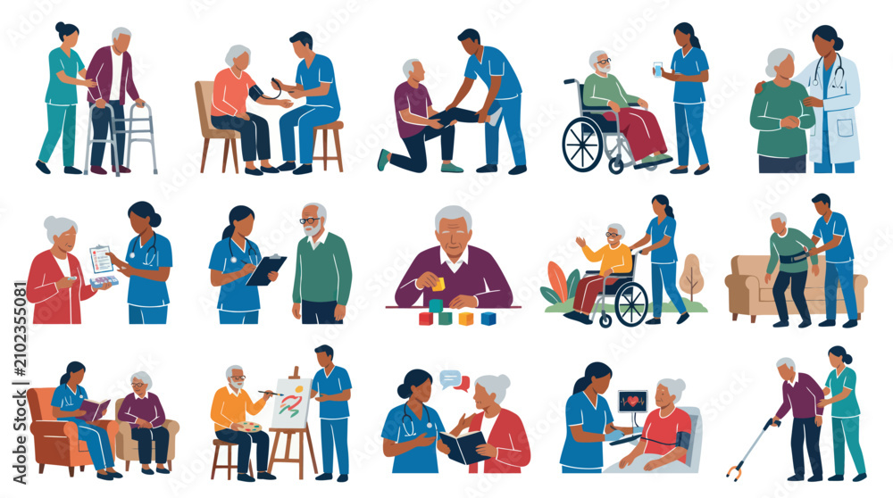 Fototapeta premium Elderly Caregivers Assisting Seniors with Daily Activities, Flat Vector Art