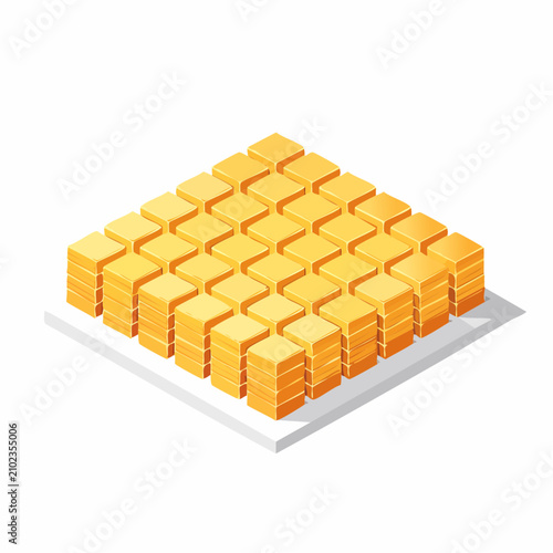 Isometric grid of stacked golden square tiles on base.