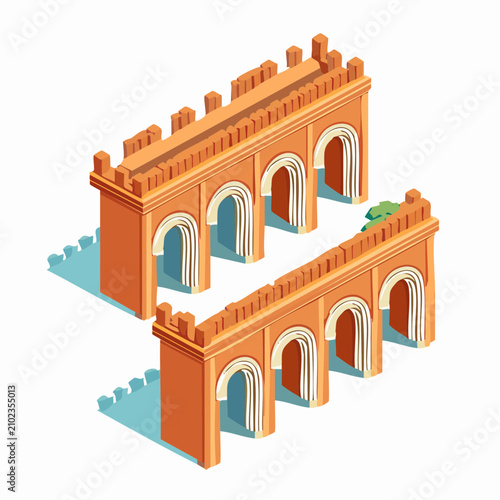 Isometric orange terracotta double arcade bridge structure.