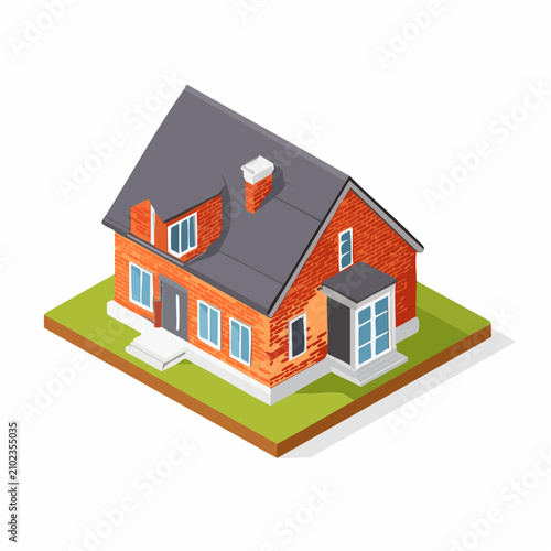 Isometric red brick cottage with grey roof on lawn.