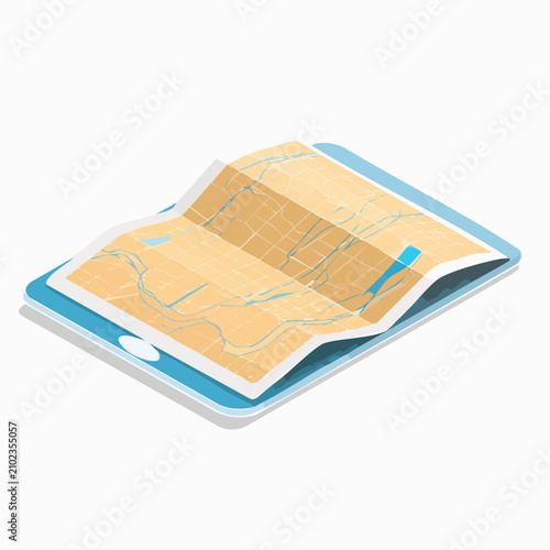 Isometric tablet computer displaying a digital city map.