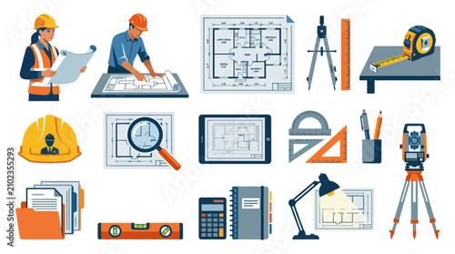 Flat Vector Architecture  Construction Engineering Icons Set: Blueprints, Surveying Tools,  Building Design