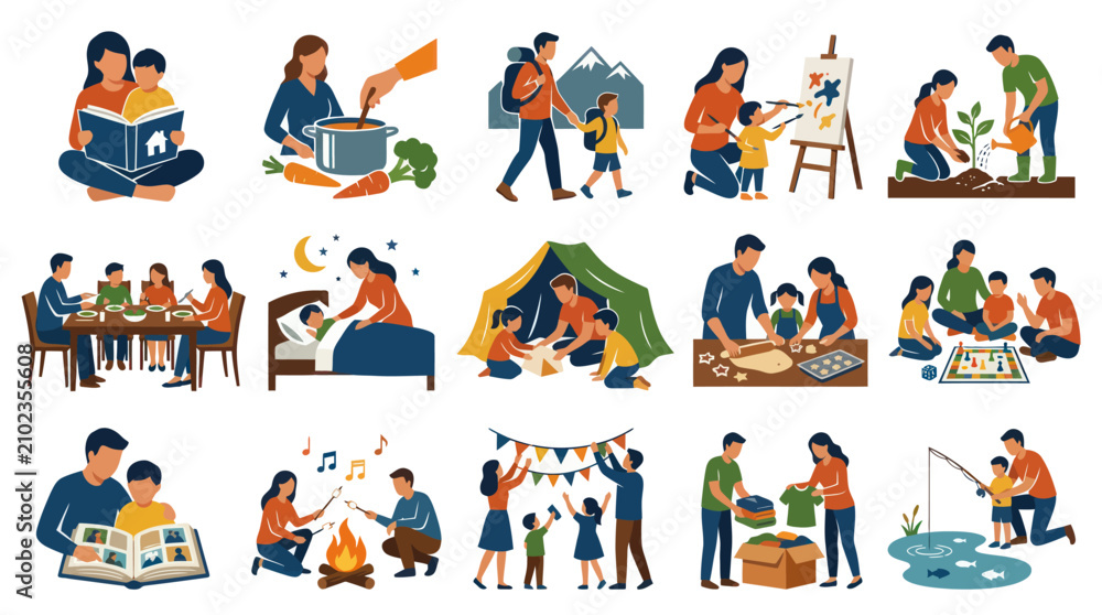 Fototapeta premium Flat Illustration of Family Life and Parenting Activities. Parents and Kids Spending Time Together at Home and Outdoors