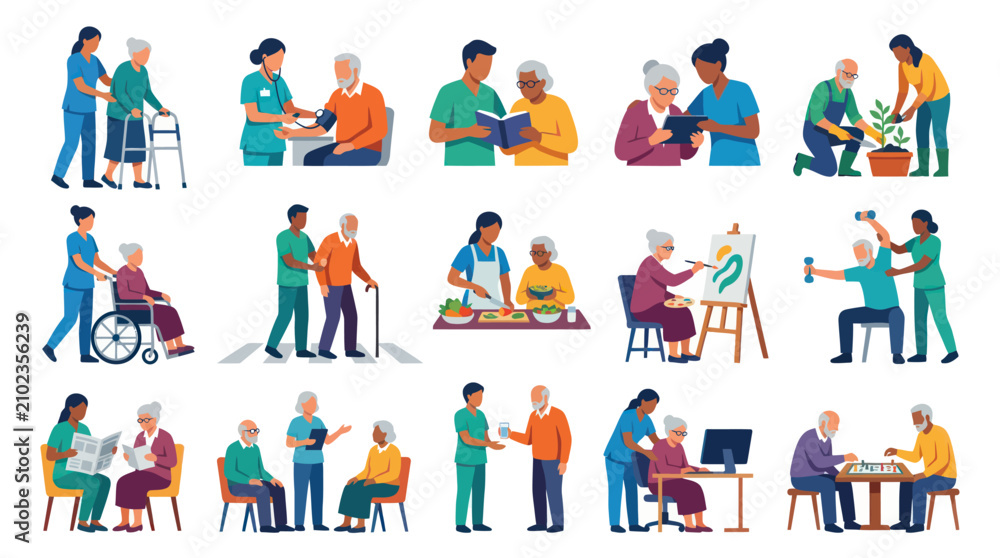 Fototapeta premium Senior Care Vector Icons: Diverse Activities, Flat Style Illustrations