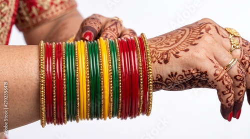 Colorful Traditional Indian Glass Bangles on Woman's Hands with Henna