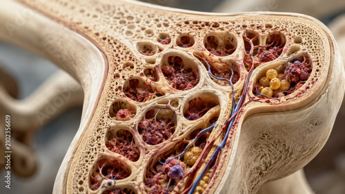 Detailed anatomical cross section of bone marrow revealing trabecular structure, red marrow cells, fat tissue, and blood vessel network in vivid medical illustration