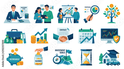 Modern Flat Vector Finance and Investment Icons Set for Business, Financial Planning, and Wealth Management