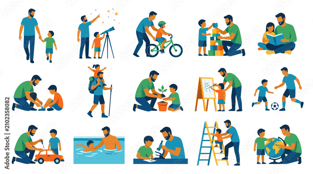 Fototapeta premium Father and Son Bonding Activities Flat Vector Illustration Set. Parenting, Childhood Education Lifestyle Concepts