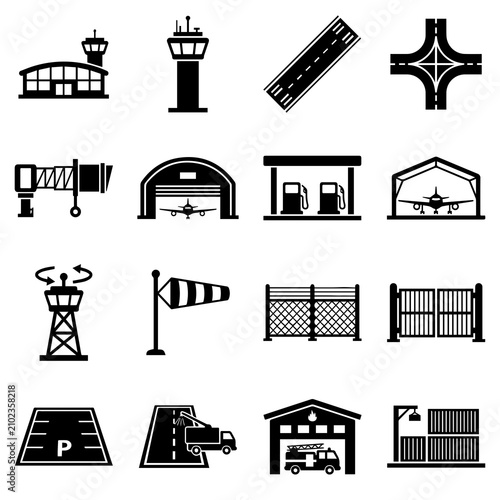 Airport infrastructure and ground operations icon set with infrastructure