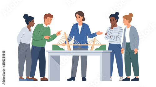 Professional architect presenting a bridge infrastructure model to diverse citizens for urban planning flat design vector illustration.