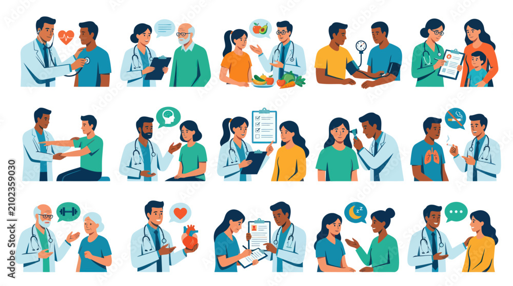 Fototapeta premium Flat Vector Healthcare Medical Illustrations Set with Diverse Doctor-Patient Consultations