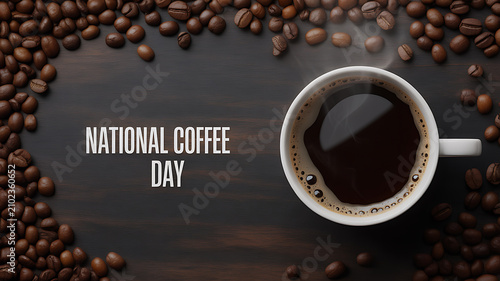 National Coffee Day celebration with a cup of coffee and coffee beans arranged on a wooden surface