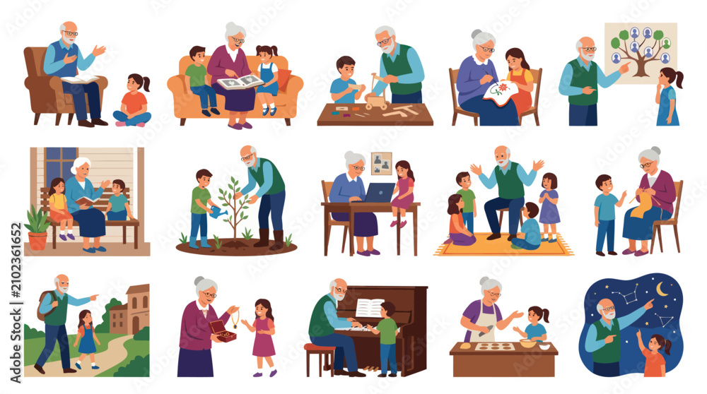 Fototapeta premium Grandparents and Grandchildren Activities Flat Vector Illustration Set
