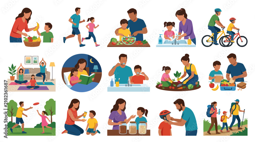 Fototapeta premium Family Healthy Habits Flat Vector Illustration Set: Nutrition, Exercise, Hygiene, and Education