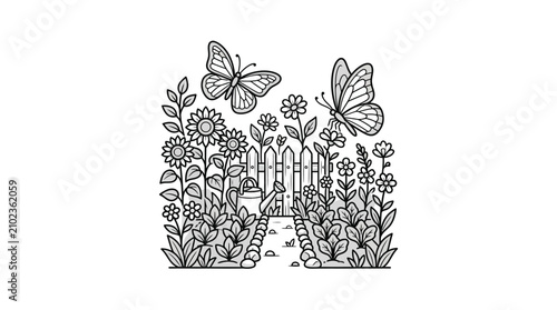 Modern Black and White Line Drawing of Garden Gate with Butterflies Flowers and Watering Can Minimalist Botanical Art