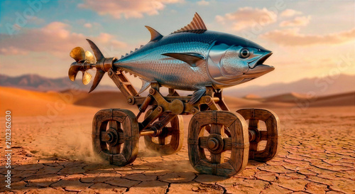 Square Wheels Progress Concept with Tuna Fish. Surreal illustration of a sleek tuna fish on a detailed wooden cart with square wheels moving through the Gobi desert. 