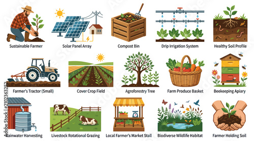Sustainable Farming Agriculture Flat Vector Icons Set Illustrating Eco-Friendly Practices and Food Production