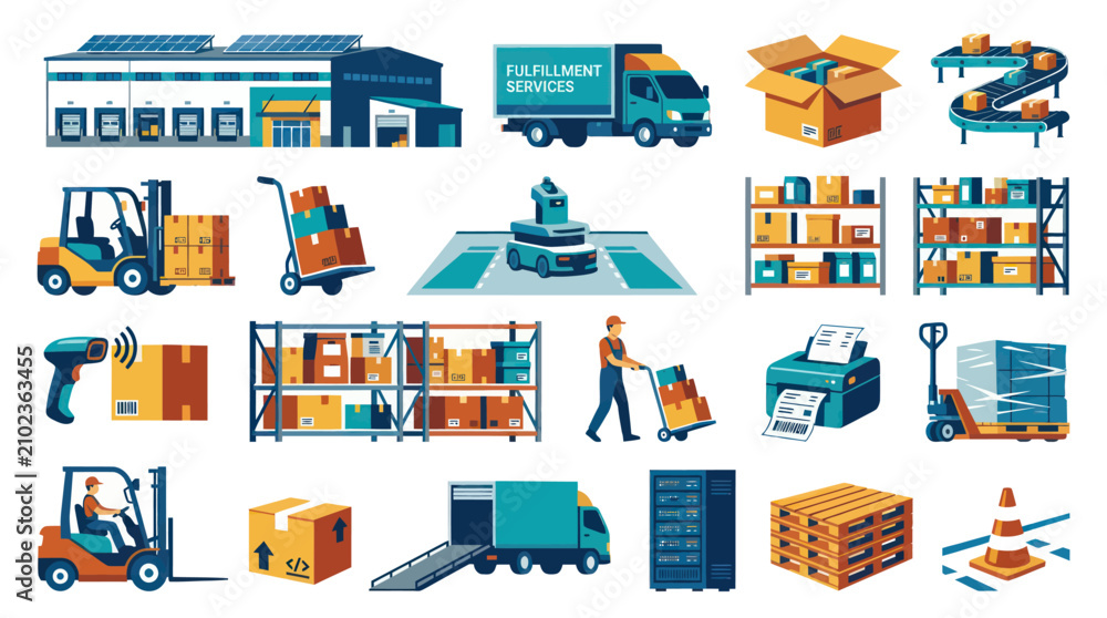 Obraz premium Warehouse Logistics Icons: Flat Design of Shipping, Delivery, and Storage Objects