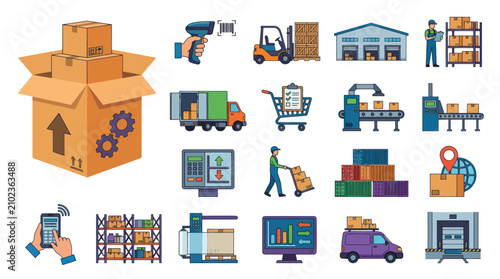 Warehouse Logistics Icons: Boxes, Trucks, Forklift, Scanner, Conveyor, Delivery