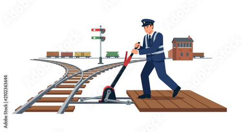 Professional railway signalman operating manual track switch lever at junction flat vector illustration