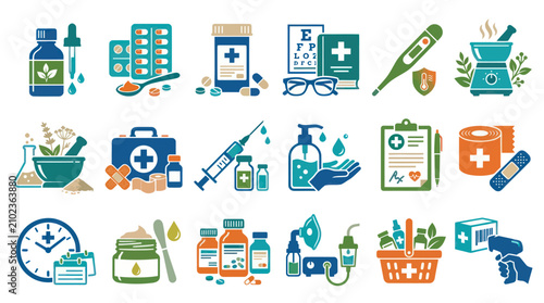 Medical Icons Set: Healthcare Flat Style Vector Graphics for Pharmacy and Medicine