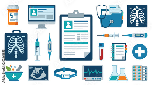 Flat Design Medical Icons: Healthcare Equipment and Supplies Collection