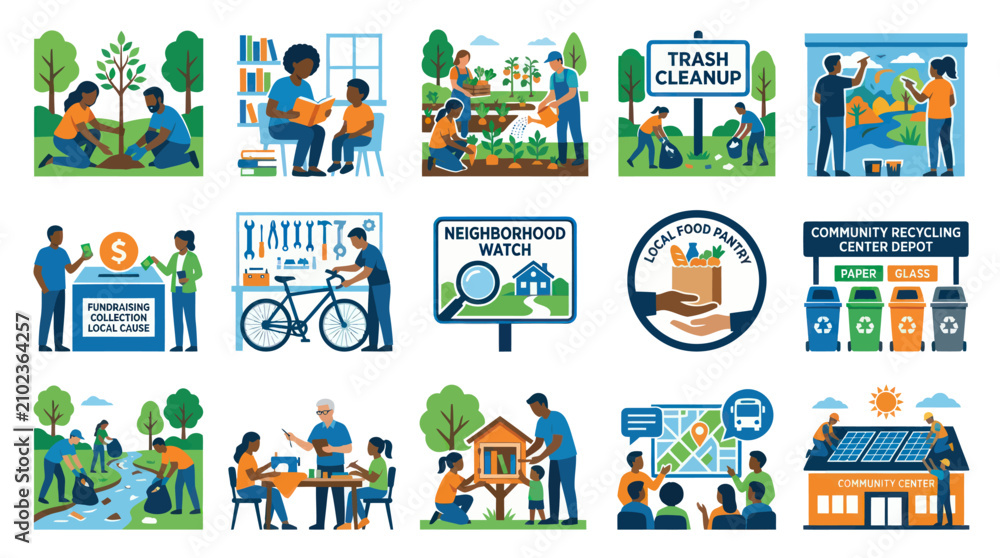 Naklejka premium Community Services, Social Responsibility, and Volunteering Activities Flat Vector Illustration Set