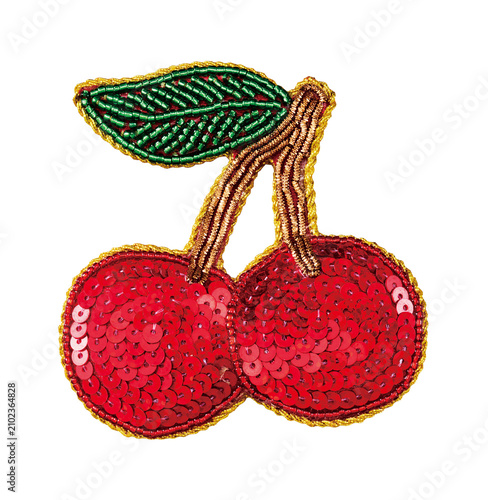 Beaded sequin cherry patch with green leaf isolated on white background