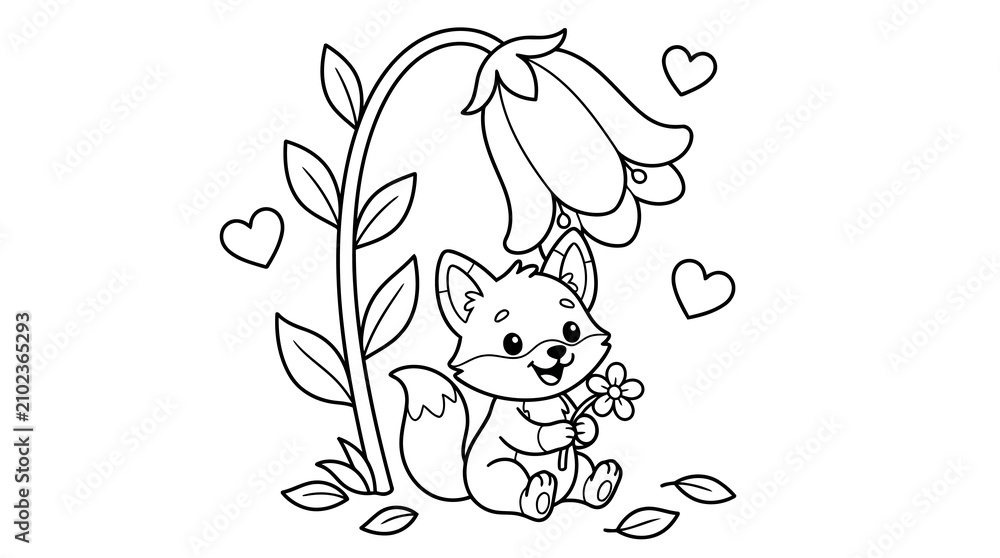 Fototapeta premium Smiling cartoon fox holding flower under bell flower, isolated on white, coloring page.