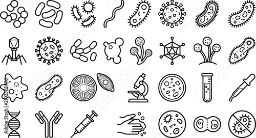 Comprehensive collection of thirty minimalist linear outline icon set featuring microorganism, bacterium, infectious virus, germ, biological cell, and laboratory science symbol.