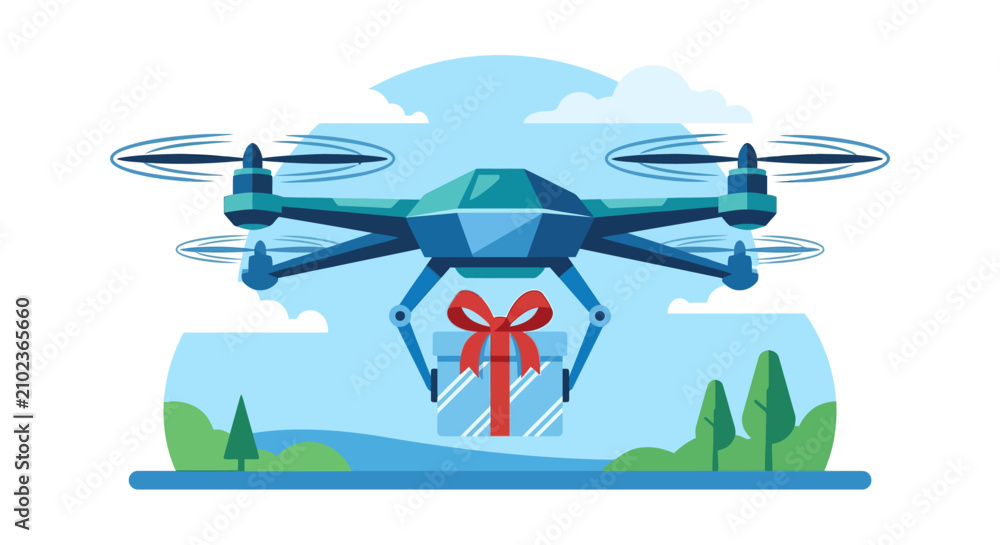 Obraz premium Futuristic delivery drone carrying gift box package over landscape background flat design vector illustration.