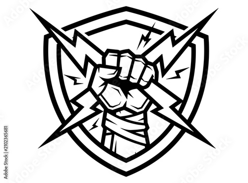 Cuadro en lienzo Shield Emblem with Crossed Weapons and Hooded Figure Icon, Black and White Tatto