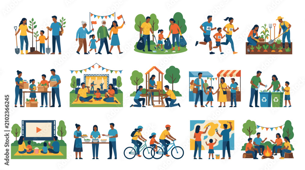 Fototapeta premium Diverse People Enjoying Outdoor Activities Community Events - Flat Style Vector Art