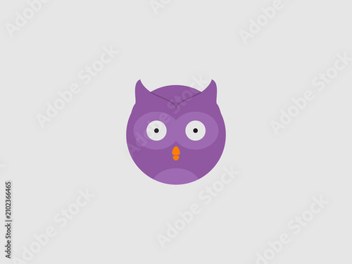 A simple flat illustration of a round purple owl face emoji with wide open eyes and a small orange beak