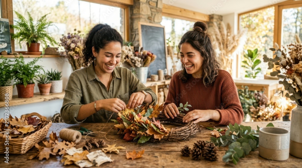 Fototapeta premium Two smiling women crafting a beautiful autumn wreath together indoors