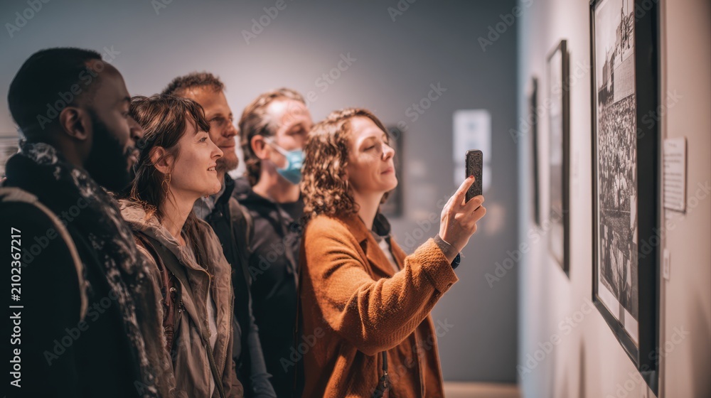 Obraz premium Group of multi-ethnic visitors scanning QR code to get more information about black and white photo on wall at exhibition in museum
