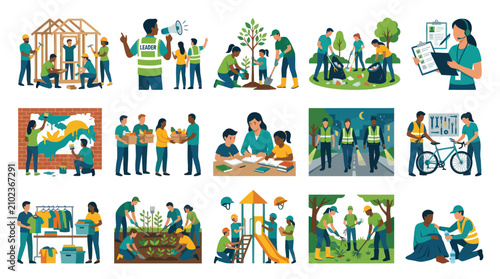 Diverse People Volunteering  Community Service Flat Illustration Set: Helping, Support  Outreach